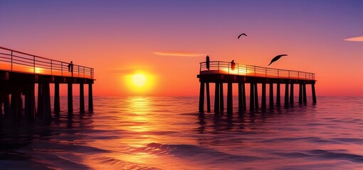 Obraz premium sunset at the pier, Generative Ai
