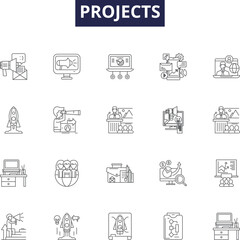 Projects line vector icons and signs. Implement, Create, Manage, Execute, Design, Developing, Construct, Developed outline vector illustration set - obrazy, fototapety, plakaty