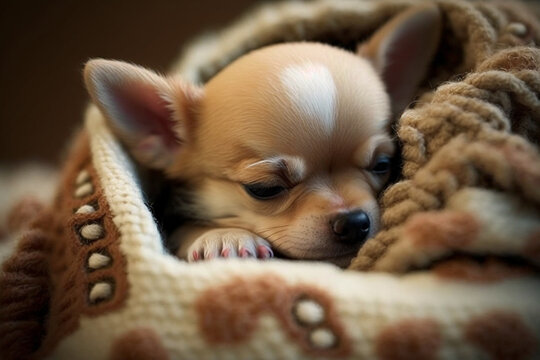 Chihuahua puppy sleeping on a blanket Generative AI