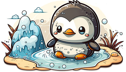 Obraz premium Penguin on the ice and near to the sea. Generative AI