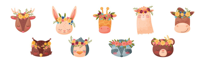 Cute Animal with Floral Wreaths on Their Head Vector Set