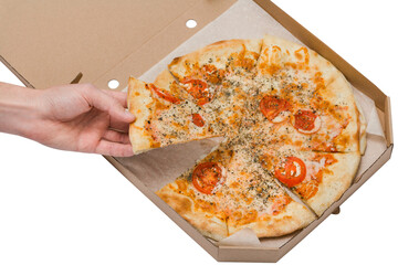 male hand holds a slice of margarita pizza in an open box on a transparent background top view