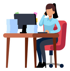 Woman sitting at computer desk and calling on phone. Office job concept