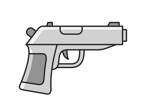 Gun simple icon. Sticker with firearm or revolver for shooting. Inventory for 8 bit game. Design element for video game. Dangerous weapon. Cartoon flat vector illustration isolated on white background