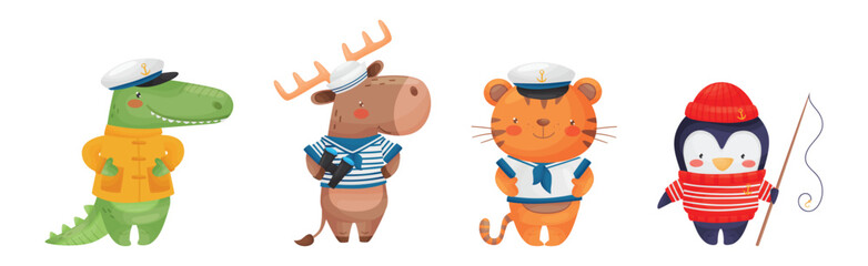 Animal Characters Sailors and Seaman in Cap Vector Set