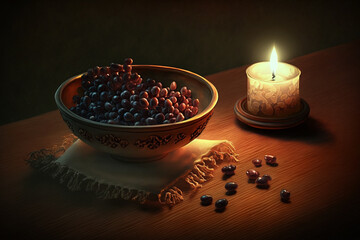 Fototapeta na wymiar a bowl of raisins next to a lit candle Generative AI