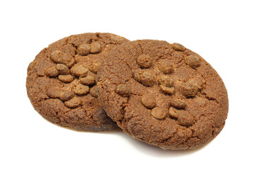 Two whole chocolate chip biscuits isolated on white background
