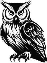 Black and white vector illustration of an owl