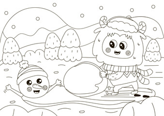 Funny coloring page with cute Yeti character making snowman, winter themed printable activity for kids,black and white doodle for children
