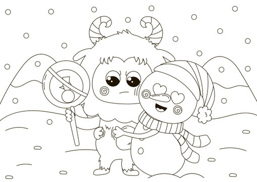 Funny coloring page with cute angry Yeti character holding sign and snowman hugging him, winter themed printable activity for kids,black and white doodle for children