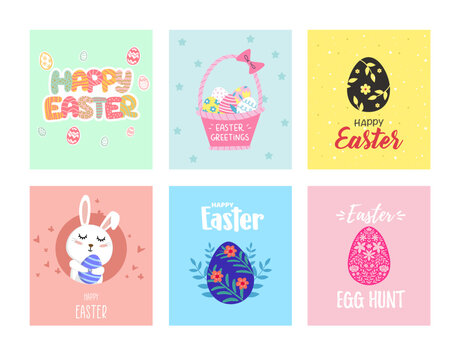 Easter banner with chocolate rabbits and beautifully painted eggs set on the grass. Easter cards set. Concept of Easter egg hunt or egg decorating art. Background pastel color minimal design