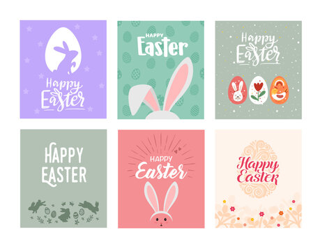 Easter banner with chocolate rabbits and beautifully painted eggs set on the grass. Easter cards set. Concept of Easter egg hunt or egg decorating art. Background pastel color minimal design