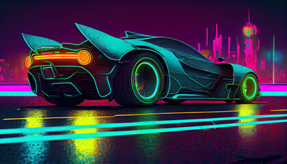 Obraz na płótnie Canvas Futuristic sport car, non existent design, car race, defocused city in background, 3d illustration