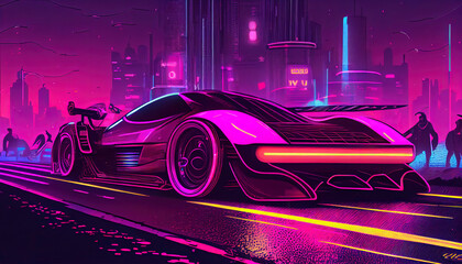 Fototapeta na wymiar Futuristic sport car, non existent design, car race, defocused city in background, 3d illustration