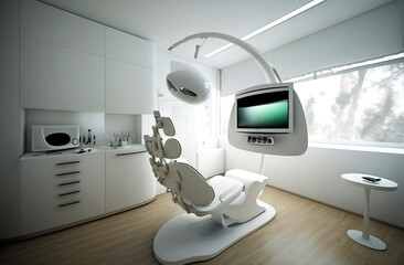 Generative AI illustration of modern and futuristic dental clinic with all technical advances