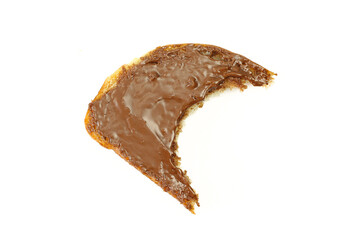 Single piece bite of bread with chocolate cream spread isolated on white background
