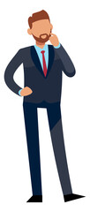 Standing man in suit talking on phone. Business call
