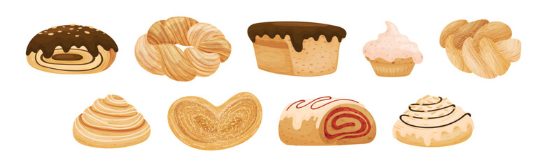 Buns as Sweet Wheat Pastry or Confectionery Made from Flour and Yeast Vector Set