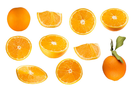 set of orange slices from different angles isolated on white background
