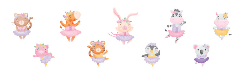 Animals Ballet Dancer in Tutu Skirt and Pointe Shoes Vector Set