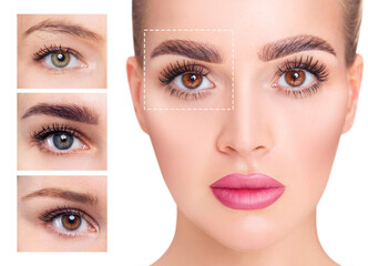 Collage of different eyes near young woman face.