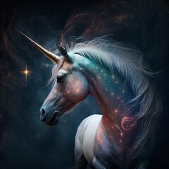 Unicorn in space with stars and fire effect. Fantasy illustration Generative AI