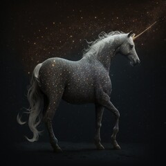 Naklejka premium Unicorn on a black background with stars and space dust. Generative AI