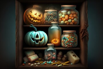 Shelves in a store with sweets for Halloween celebration, pumpkins and sweets symbol of Halloween, Generative AI.