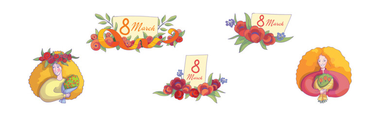 International Woman Day Holiday with Happy Female and Flowers Vector Set