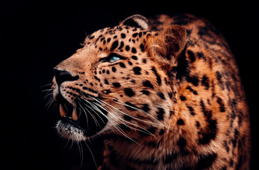 Fototapeta na wymiar Amur Leopard Intense Stare With Mouth Open, Fangs Showing, Black Background