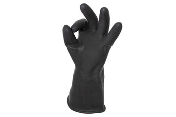 OK sign made by an isolated hand wearing a black rubber glove on a white background