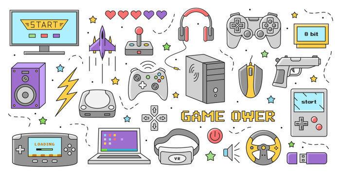 Game items illustration set. Retro stickers set with gamepad, controller,  arcade console, joystick, computer and video game headset. Cartoon flat vector  collection isolated on white background Stock Vector