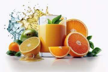 Natural orange juice over white background. Wellness and dieting concept. Generative AI illustration
