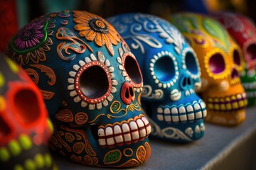 Close up colorful Mexican skulls. Focus on foreground. Generative AI