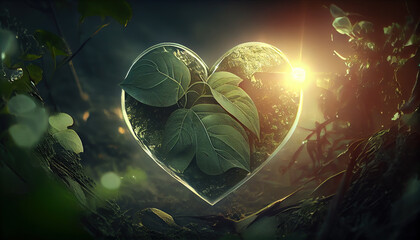 green planet concept - green tree heart with forest greenery around, based on AI generarive