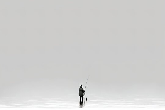 Super Minimalist illustration of man fishing in a lake. White background with copy space. Generative AI