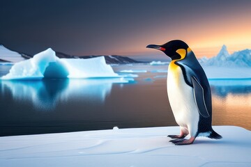 Emperor penguin in the Antarctica on an ice floe at winter. Wildlife concept of ecological environment. Generative AI