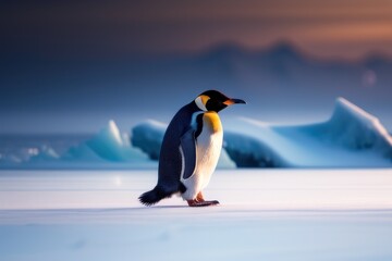 Obraz premium Emperor penguin in the Antarctica on an ice floe at winter. Wildlife concept of ecological environment. Generative AI