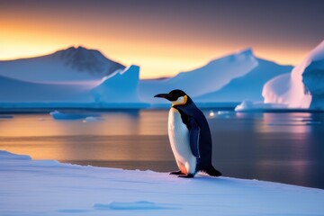 Obraz premium Emperor penguin in the Antarctica on an ice floe at winter. Wildlife concept of ecological environment. Generative AI