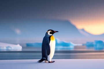 Fototapeta premium Emperor penguin in the Antarctica on an ice floe at winter. Wildlife concept of ecological environment. Generative AI