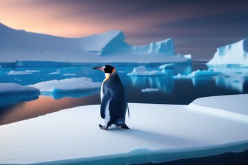 Emperor penguin in the Antarctica on an ice floe at winter. Wildlife concept of ecological environment. Generative AI - obrazy, fototapety, plakaty