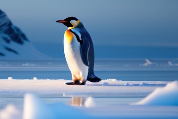 Plakat Emperor penguin in the Antarctica on an ice floe at winter. Wildlife concept of ecological environment. Generative AI