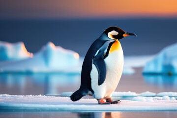 Obraz premium Emperor penguin in the Antarctica on an ice floe at winter. Wildlife concept of ecological environment. Generative AI