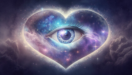 Eye inside a heart shape cosmic space abstract concept background	
