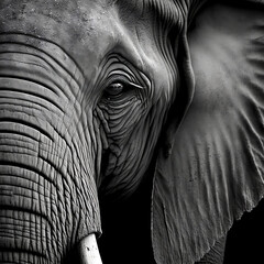 Close-up photo of a majestic, gentle and powerful elephant in black and white