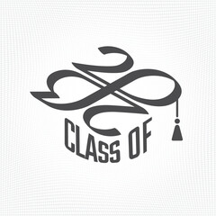 Class of 2023 Square Academic Graduation Cap Shape Lettering Composition with Zeroes Making Mobius Loop Numerals Logo - Black on White Background - Contrast Graphic Design