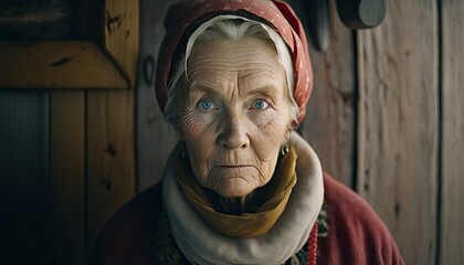 Portrait of an old fictional scandinavian woman in front of a wooden wall, made with generative AI.