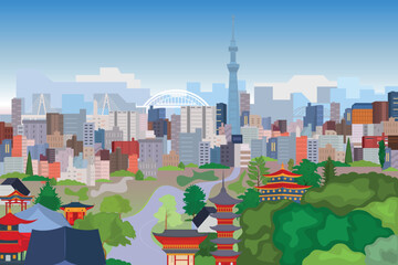 Vector poster with modern city view. Urban landscape. Asian buildings and architecture.