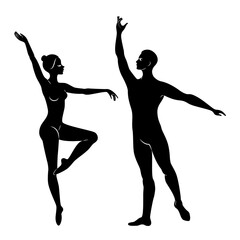 Silhouette of a cute lady and youth, they dance ballet. The woman and the man have beautiful slender figures. Girl ballerina and boyfriend dancer. Ballet dancer. Vector illustration.
