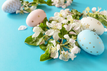 Easter composition with colorful eggs and flowers of apple tree on a blue background.  Spring concept, flowers composition. Greeting card.